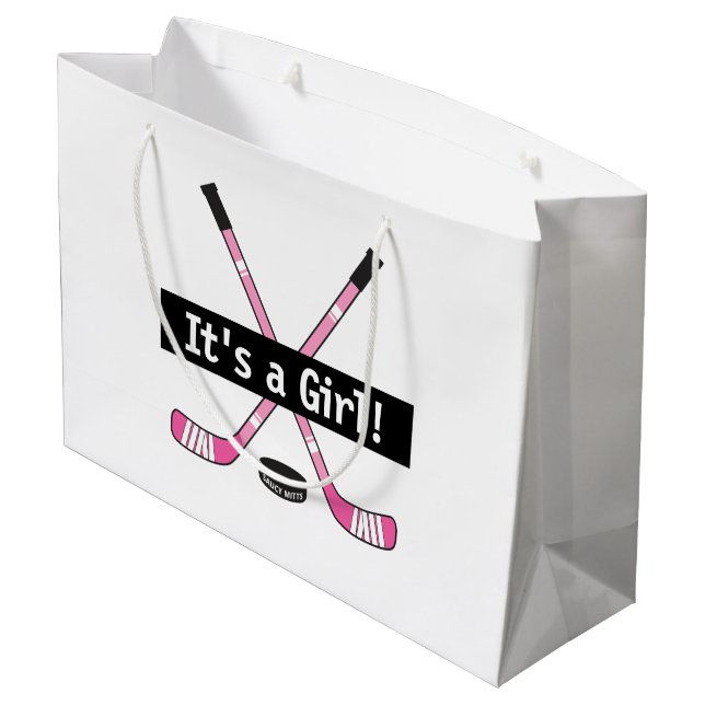 Hockey Baby It's a Girl Pink Hockey Sticks Large Gift Bag (Back Angled)