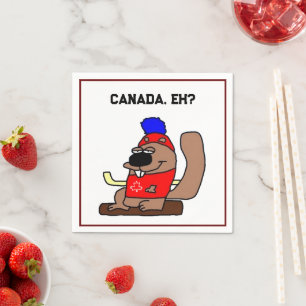 Hockey Beaver Cartoon in Red Maple Leaf Shirt Napkin