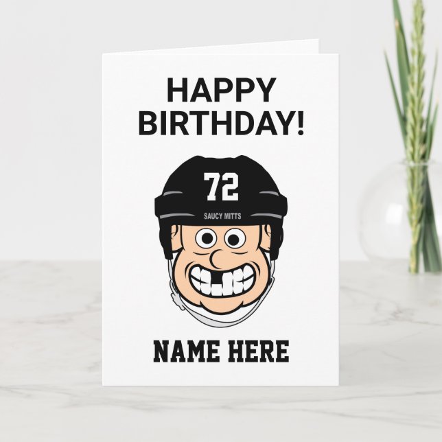 Hockey Birthday Cartoon Hockey Player Number Name Card (Front)