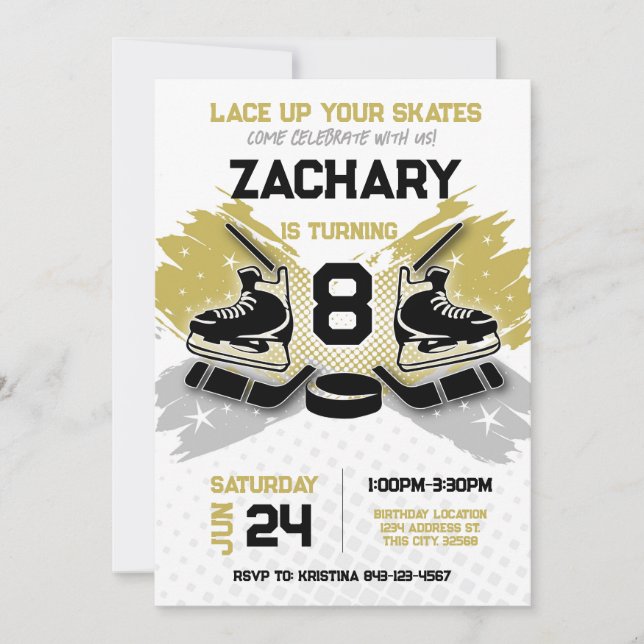 Hockey birthday invitation GOLD theme (Front)