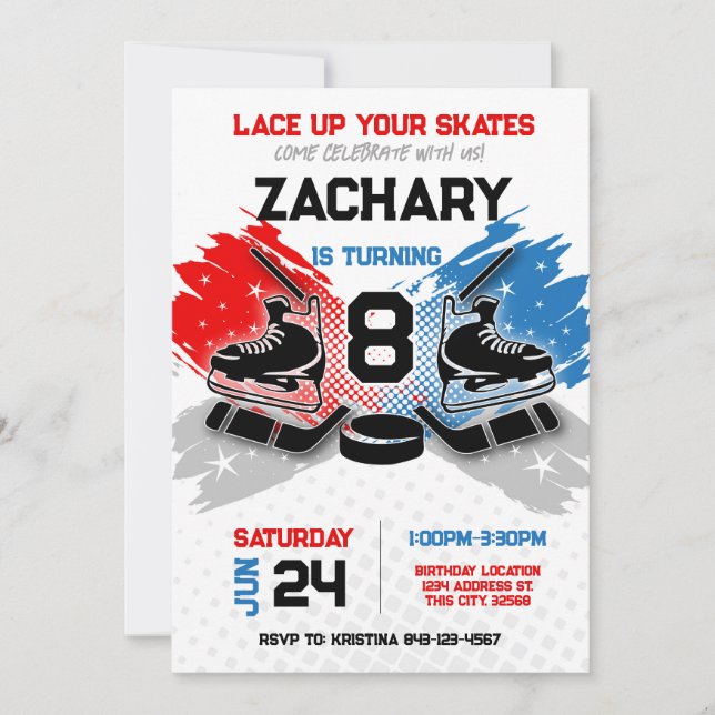 Hockey birthday invitation RED and BLUE theme (Front)