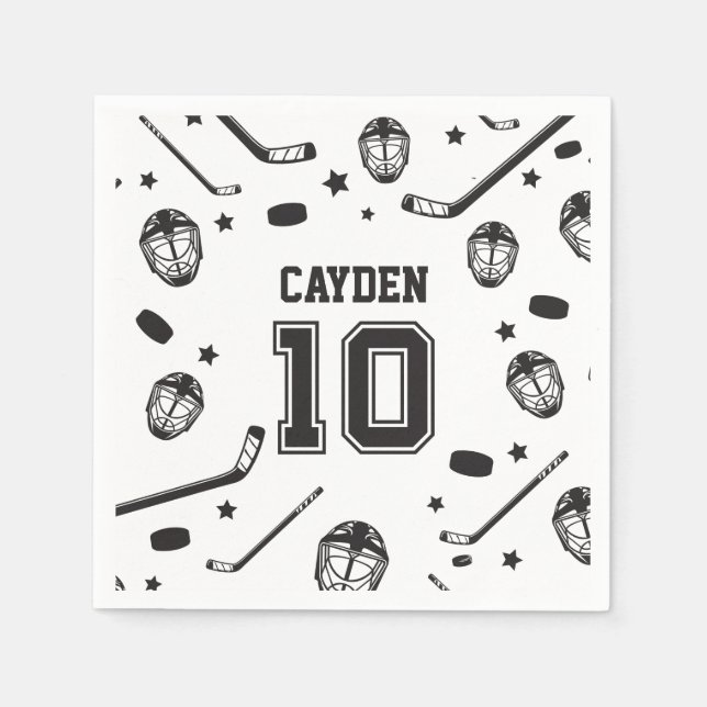 Hockey black and White 10th Birthday Napkin (Front)