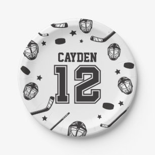 Hockey black and White 12th Birthday Paper Plate