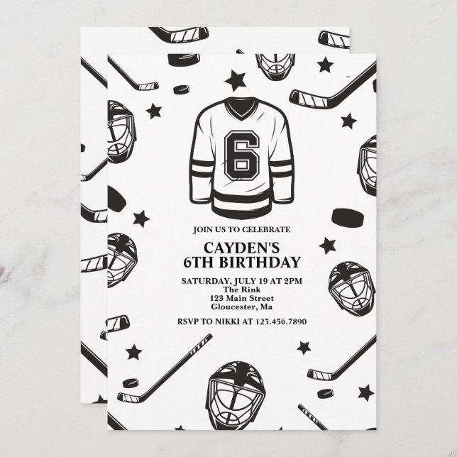 Hockey black and White 6th Birthday Invitation (Front/Back)