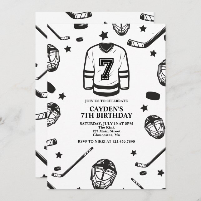 Hockey black and White 7th Birthday Invitation (Front/Back)