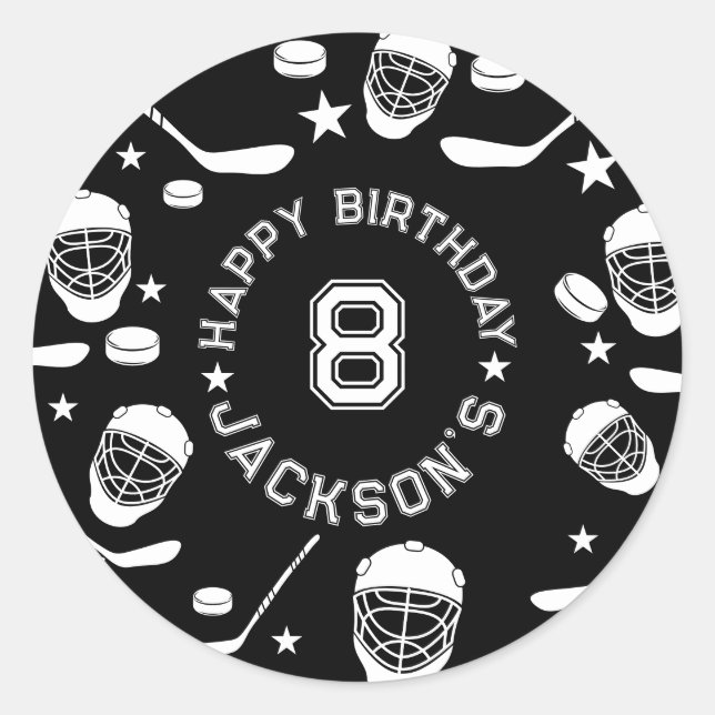 Hockey black and White Themed Kids Birthday Party Classic Round Sticker (Front)
