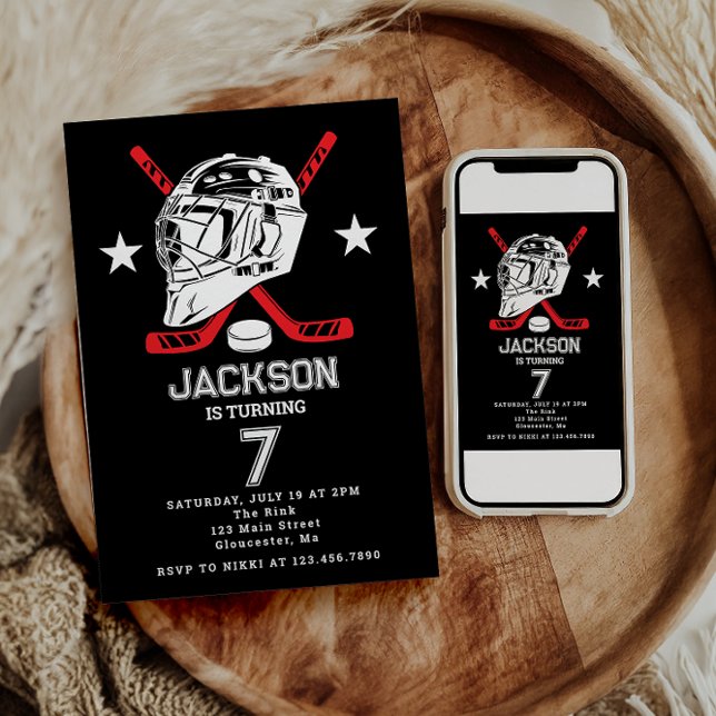 Hockey black and White Themed Kids Birthday Party Invitation (Creator Uploaded)