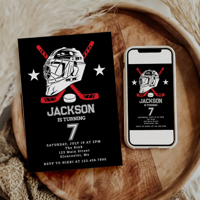 Hockey black and White Themed Kids Birthday Party Invitation (Creator Uploaded)