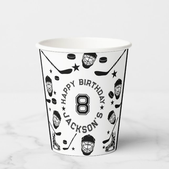 Hockey black and White Themed Kids Birthday Party Paper Cups (Front)