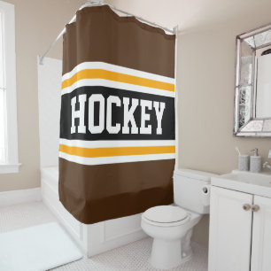 HOCKEY Bold Athletic Brown Black Yellow Stripes Shower Curtain