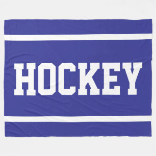 HOCKEY Bold Deep Blue Sporty White Text Stripes Fleece Blanket