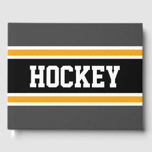 HOCKEY Bold Grey Black Yellow Racing Stripes Guest Book