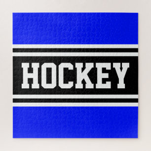 HOCKEY Bright Blue Black White Racing Stripes  Jigsaw Puzzle
