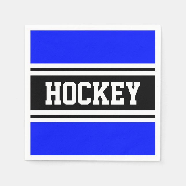 HOCKEY Bright Blue Black White Racing Stripes Napkin (Front)