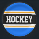HOCKEY Bright Blue Black Yellow Racing Stripes Paper Plate<br><div class="desc">This sporty,  athletic design features bold HOCKEY text inside a highlighted wide centre black stripe with white and yellow pinstripes against bright blue outer stripes.  The text  can be personalised.</div>