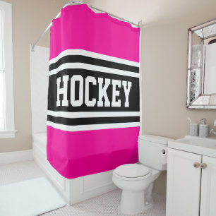 HOCKEY Bright Pink Black White Racing Stripes Shower Curtain