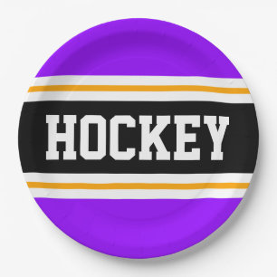 HOCKEY Bright Purple Black Yellow Racing Stripes Paper Plate