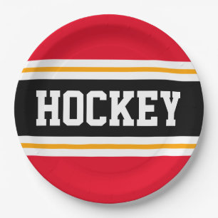 HOCKEY Bright Red Black Orange Racing Stripes Paper Plate