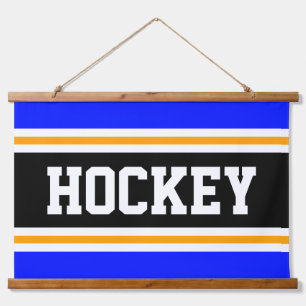 HOCKEY Bright Vivid Blue Black Yellow Stripes Hanging Tapestry
