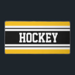 HOCKEY Bright Yellow Black White Racing Stripes  Desk Mat<br><div class="desc">This fun,  athletic design features bold HOCKEY TEXT inside black and white centre racing stripes against bright yellow outer stripes.  The colours and text in this design can be personalised.</div>