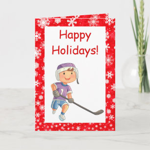 Hockey Christmas card - Boy player - red with snow