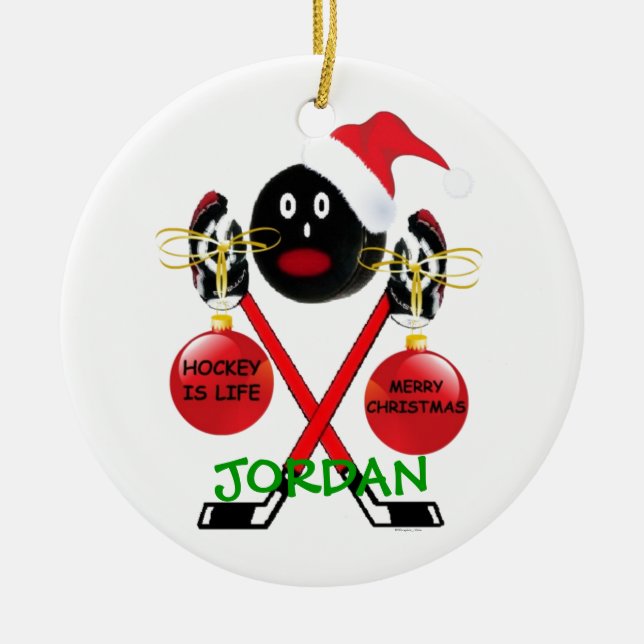 Hockey Christmas Cartoon Ceramic Tree Decoration (Front)
