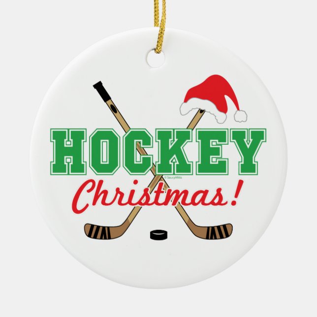 Hockey Christmas Hockey Sticks Santa Hat Ceramic Tree Decoration (Front)