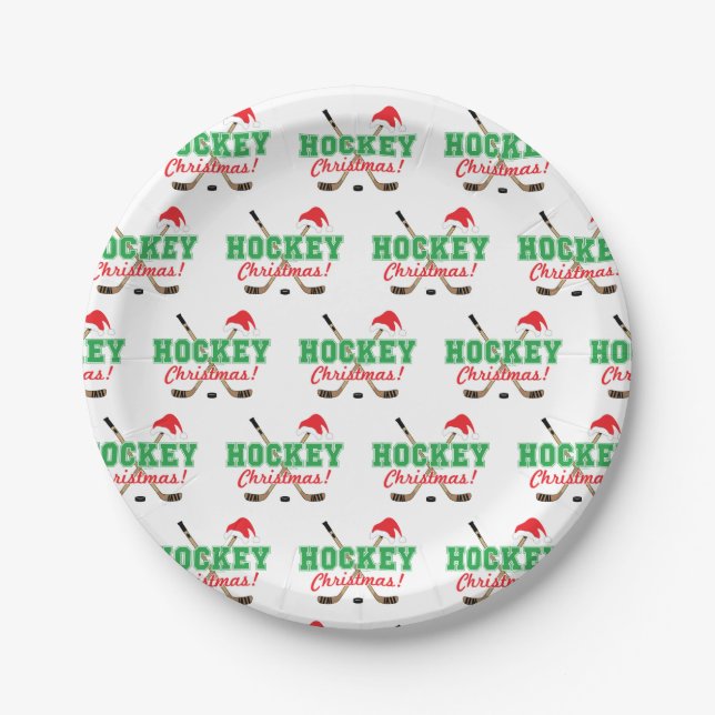 Hockey Christmas Hockey Sticks Santa Hat Paper Plate (Front)