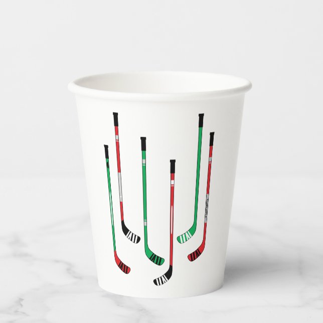 Hockey Christmas Red & Green Hockey Sticks Paper Cups (Front)