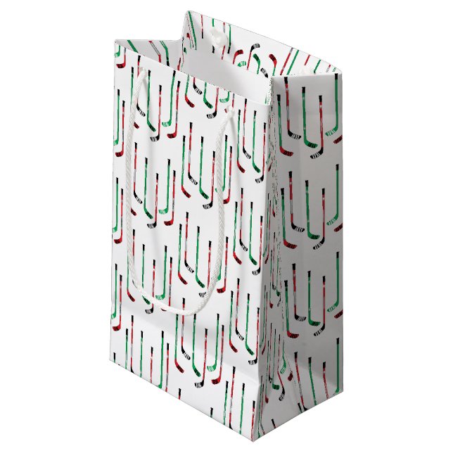 Hockey Christmas Red & Green Hockey Sticks Small Gift Bag (Front Angled)