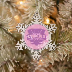 Hockey Christmas Snowflake Ornament, Xmas Chicks Snowflake Pewter Christmas Ornament