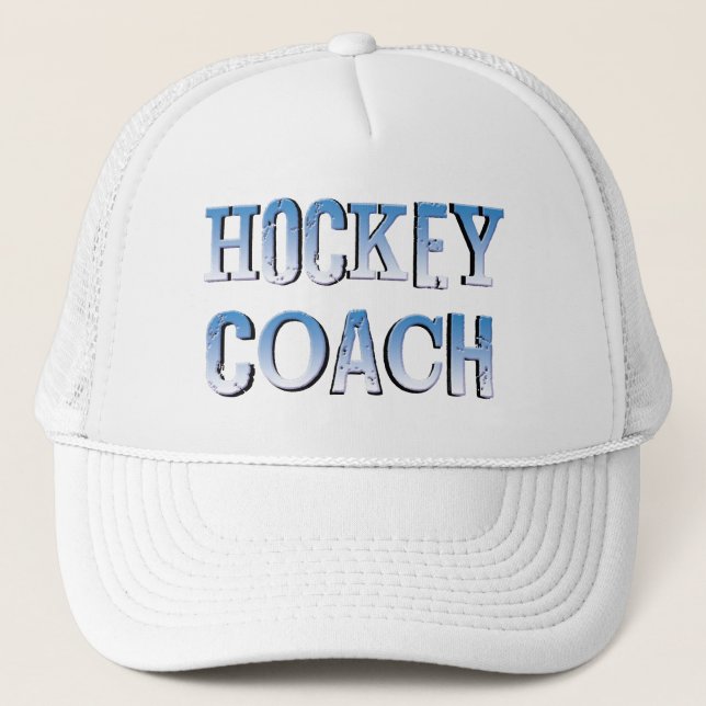 Hockey Coach Rough Blue Text Trucker Hat (Front)