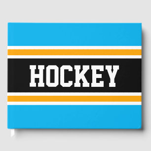 HOCKEY Colourful Sky Blue Black Racing Stripes Guest Book