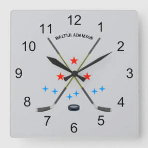 Hockey Crossed Sticks and Puck Square Wall Clock