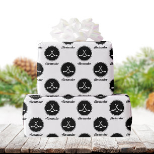 Hockey Design Black & White Classy Boys Name Sport Wrapping Paper
