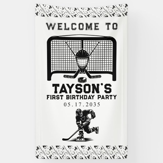 Hockey First Year Down 1st Birthday  Banner (Vertical)
