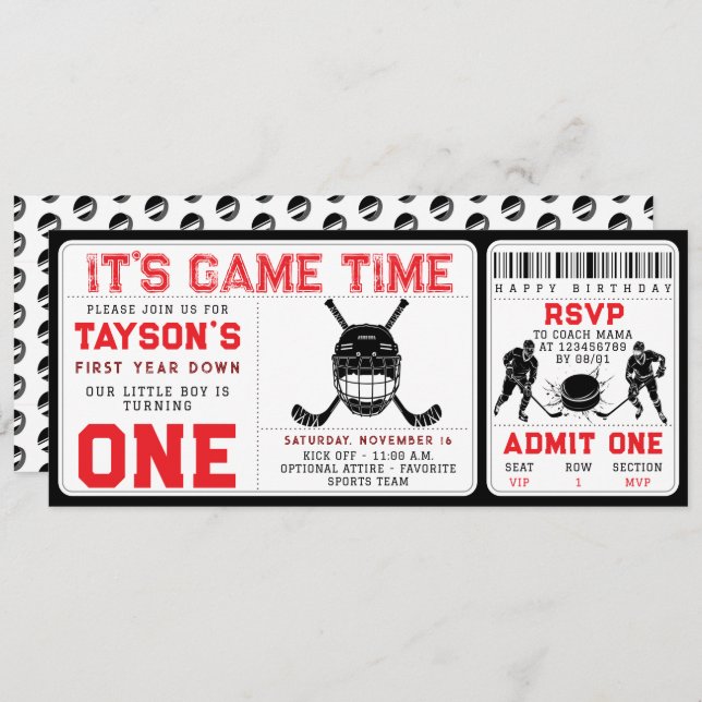 Hockey First Year Down 1st Birthday Ticket Invitation (Front/Back)
