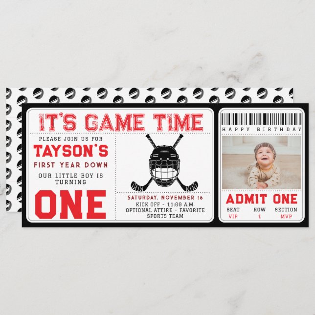 Hockey First Year Down 1st Birthday Ticket Invitation (Front/Back)