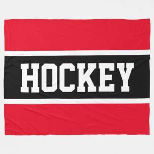 HOCKEY Fun Athletic Bright Red White Black Stripes Fleece Blanket