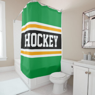 HOCKEY Fun Athletic Green Black Yellow Stripes Shower Curtain