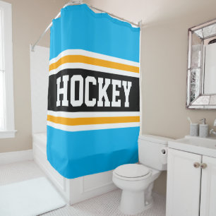 HOCKEY Fun Athletic Sky Blue Black Yellow Stripes Shower Curtain