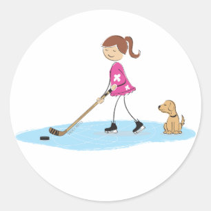 Hockey Girl Cartoon Pink Classic Round Sticker