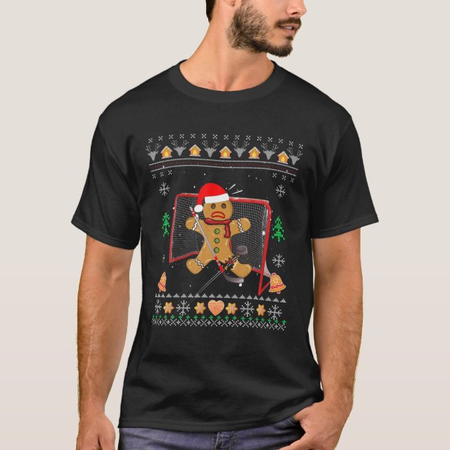 Hockey Goalie Funny Christmas Ugly Gingerbread Man T-Shirt (Front)