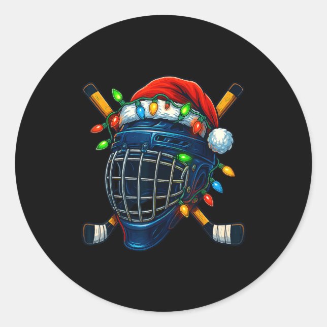 Hockey Helmet Christmas Lights Santa Hat Design Xm Classic Round Sticker (Front)