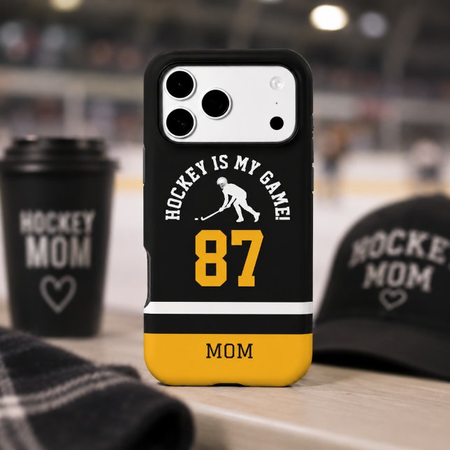 Hockey Mum Jersey Number Design (Black and gold hockey mom phone case with bold jersey number design)