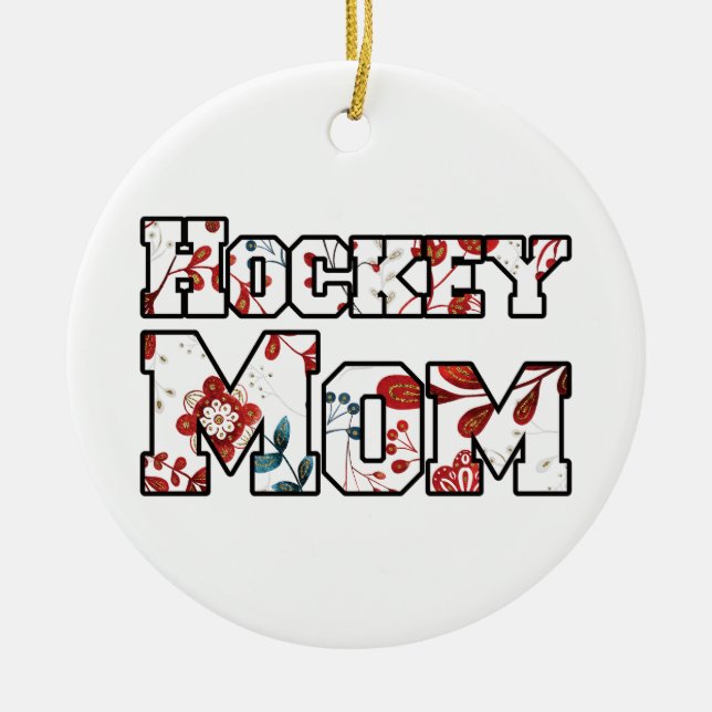 Hockey Mum Red Blue Floral Ceramic Tree Decoration (Front)