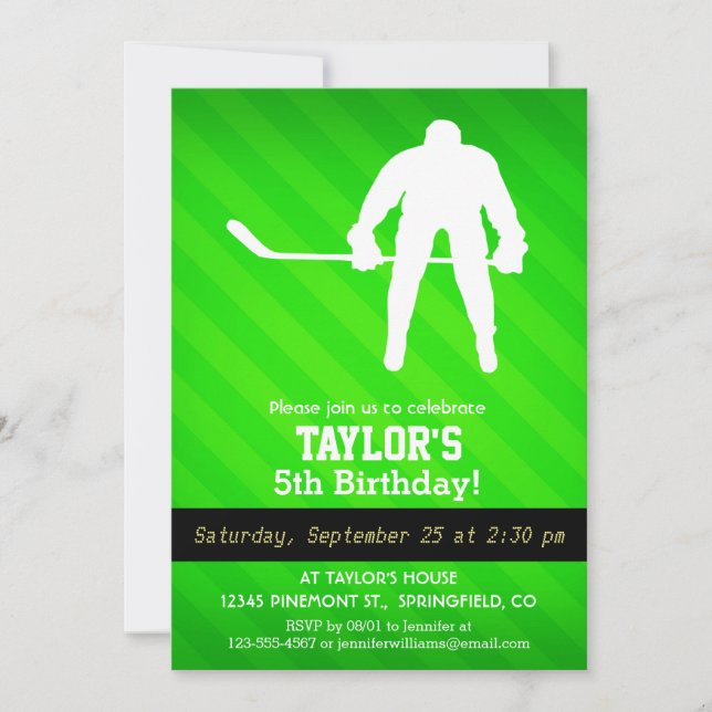 Hockey; Neon Green Stripes Invitation (Front)
