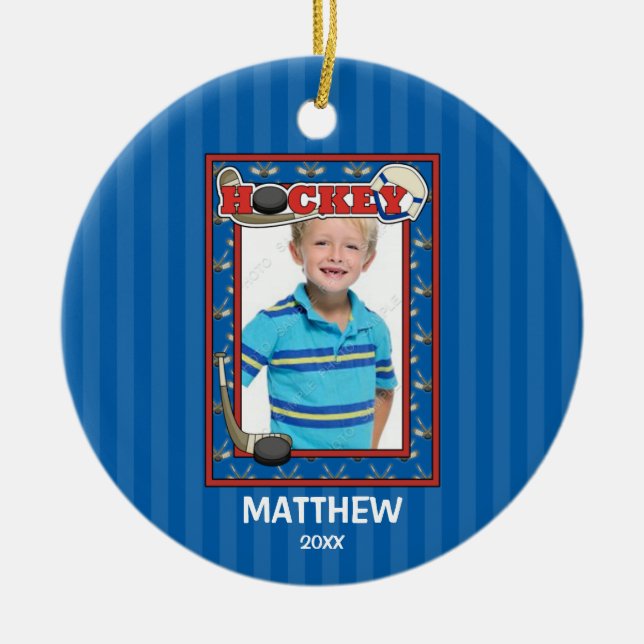 Hockey Photo Frame Kids Personalised Christmas Ceramic Tree Decoration (Front)