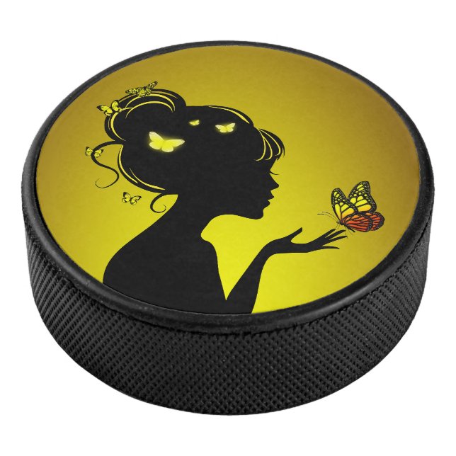 Hockey Plate The Woman Butterflies Yellow Hockey Puck (3/4)