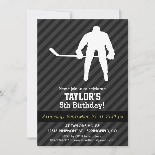 Hockey Player; Black & Dark Grey Stripes Invitation (Front)